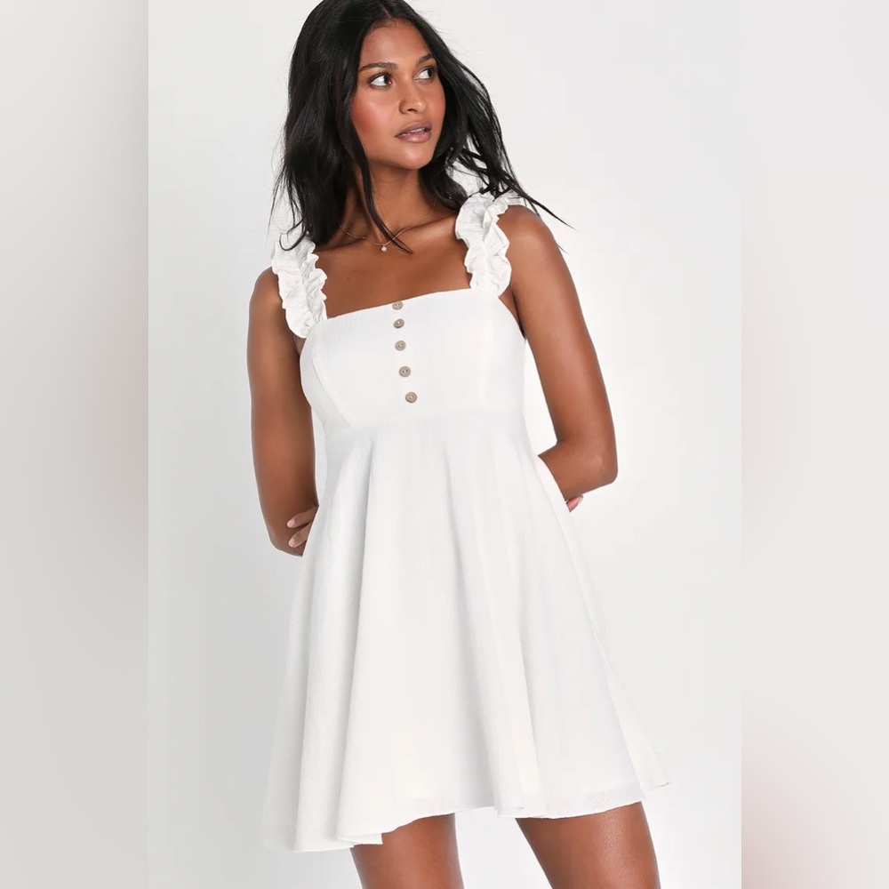 Lulus White Ruffled Button-Front Mini Dress With Pockets